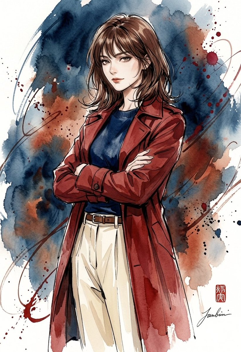 一幅惊艳的水彩与墨水插画，描绘一位时尚年轻女性。她拥有波浪状的齐肩棕色头发和轻盈的刘海，面部表情丰富而优雅，轮廓线条分明，眼神迷人。她身穿深红…, 图片 2