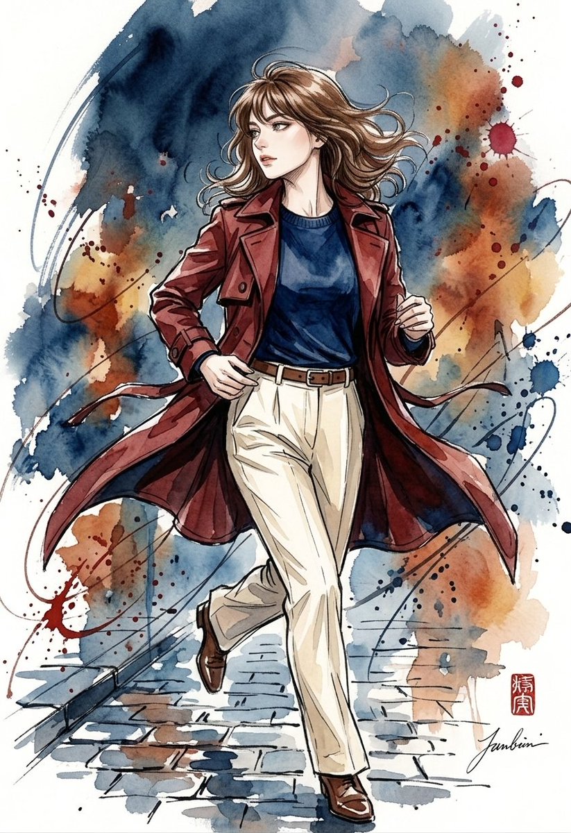 一幅惊艳的水彩与墨水插画，描绘一位时尚年轻女性。她拥有波浪状的齐肩棕色头发和轻盈的刘海，面部表情丰富而优雅，轮廓线条分明，眼神迷人。她身穿深红…, 图片 3