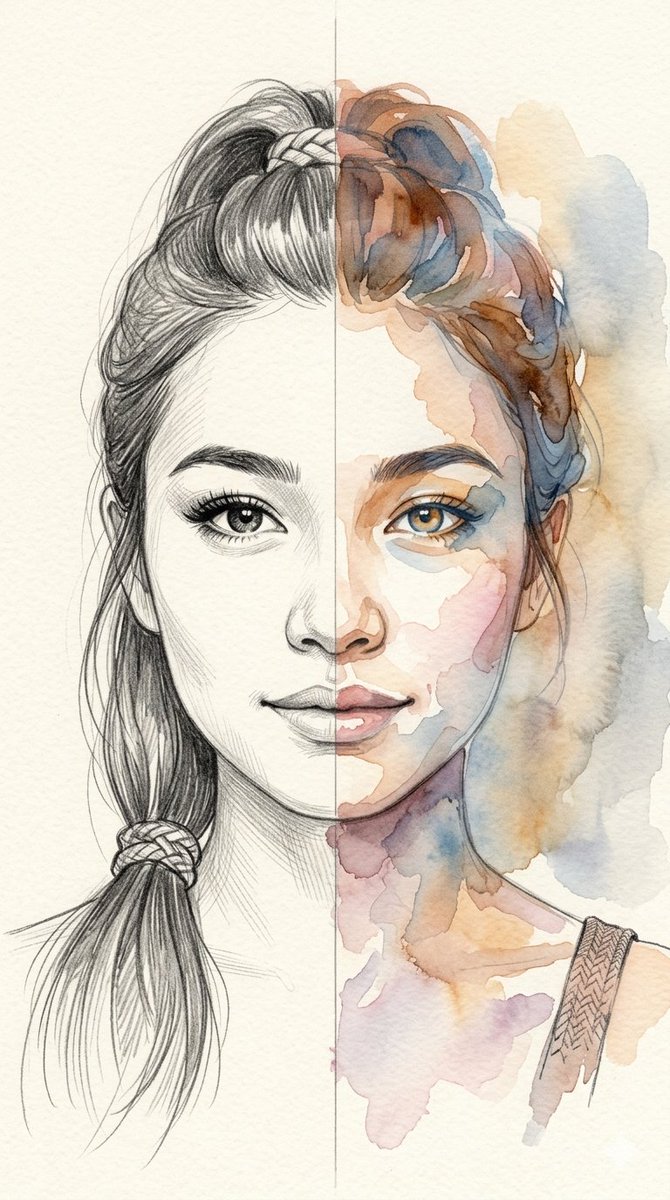 一幅垂直构图的分裂媒介肖像画，描绘了一位美丽可爱的混血年轻女性。图像完美地沿中线分割，展示两种截然不同的艺术风格。她面部的左侧以精细的铅笔素描…, 图片 1