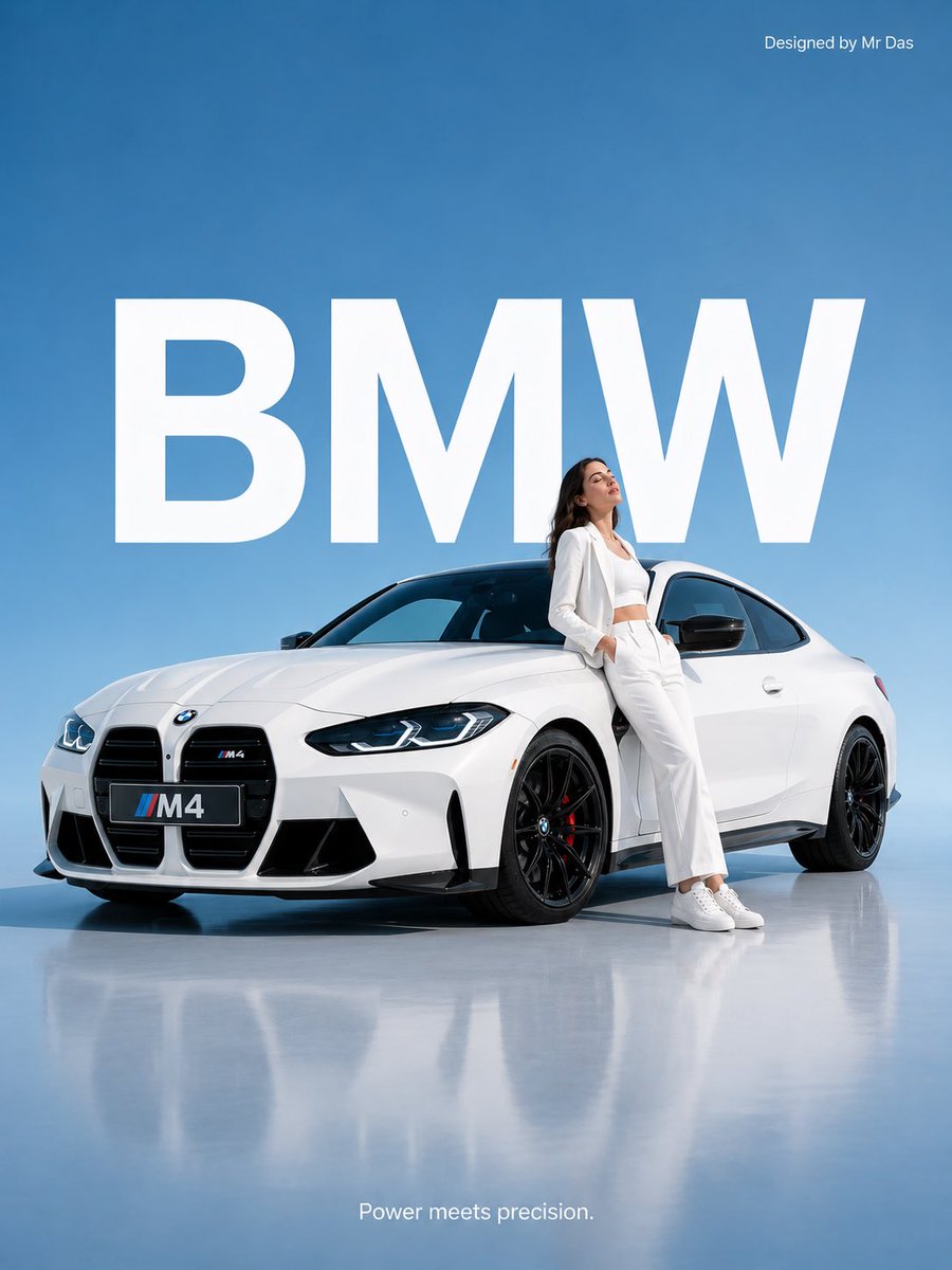 极简风格商业广告，画面中是一辆超大尺寸的白色 BMW M4 跑车，设计极致简洁。一位身穿全白套装的年轻女性随意倚靠在巨大的汽车旁，姿态放松自信…, 图片 1