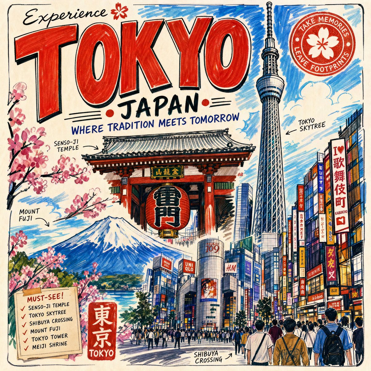 [城市/地点]的旅游海报，采用充满活力的马克笔艺术风格，以粗犷的笔触、鲜艳的色彩、手绘马克笔质感、类素描的轮廓和涂色书的审美来描绘[地标1、地…, 图片 1