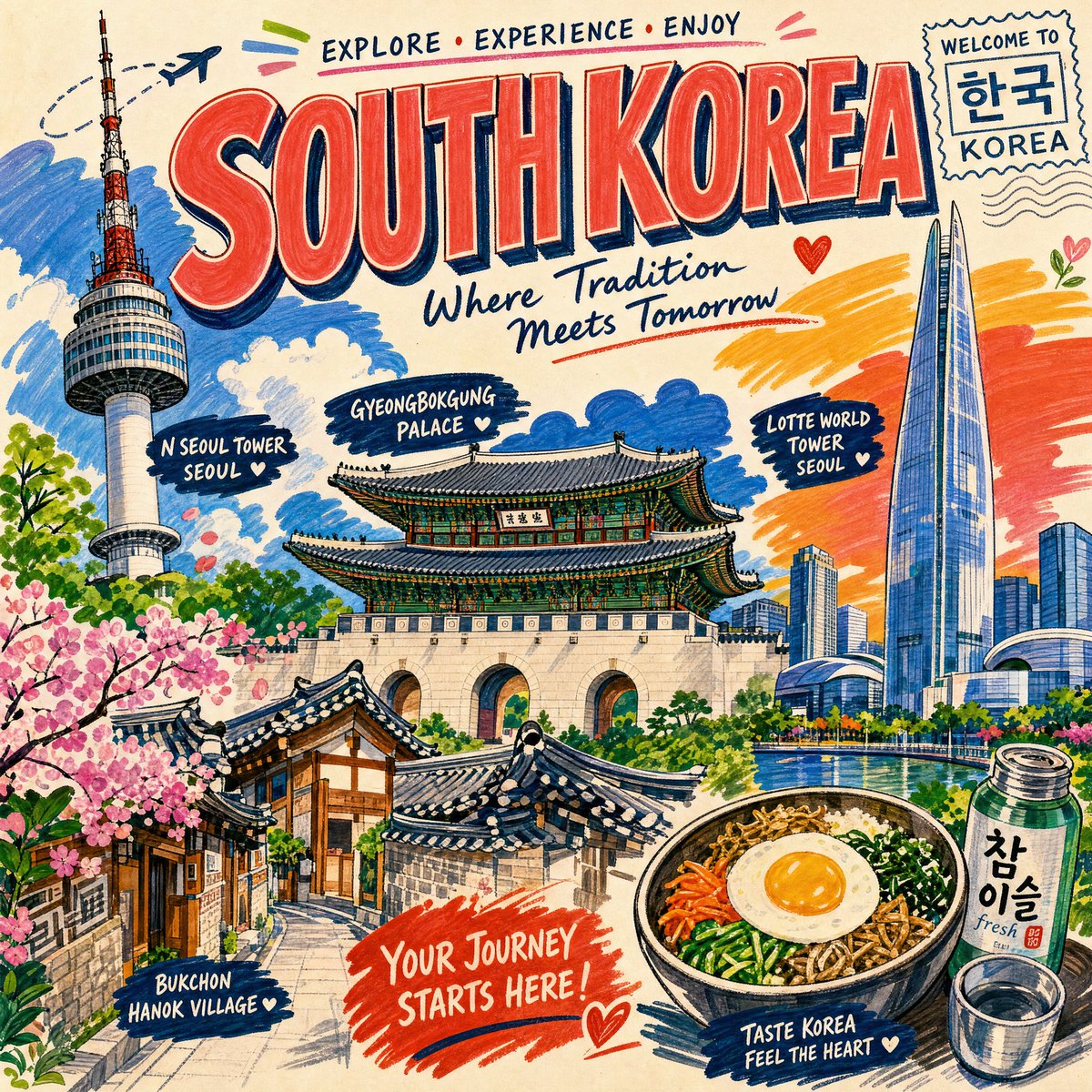 [城市/地点]的旅游海报，采用充满活力的马克笔艺术风格，以粗犷的笔触、鲜艳的色彩、手绘马克笔质感、类素描的轮廓和涂色书的审美来描绘[地标1、地…, 图片 3