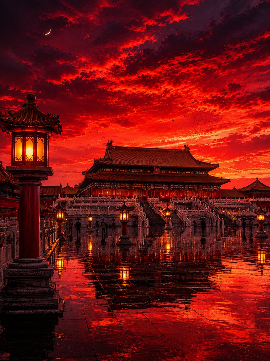 一幅令人叹为观止的电影感数字艺术作品,描绘雨后北京紫禁城在浓郁深红夕阳下的壮丽景象,展现宏伟的中国古代宫殿建筑,在戏剧性、炽热、密集而富有质感…, 图片 1