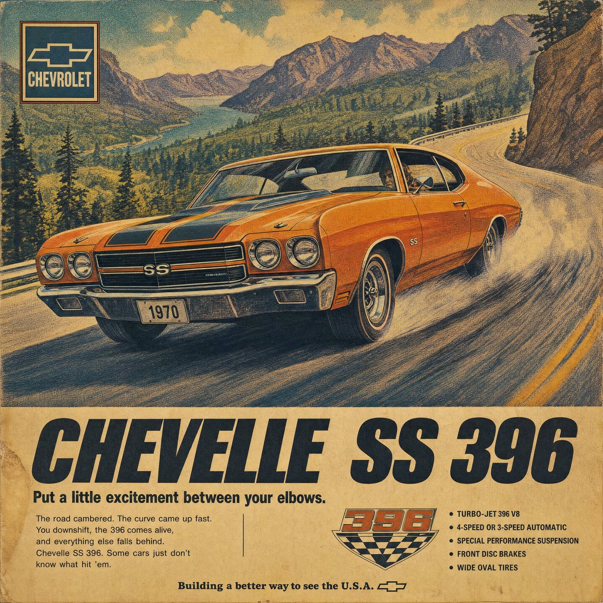 复古1970年代汽车杂志广告海报，品牌为[BRAND]，画面中是一辆[COLOR]色[CAR]在[SCENERY]中漂移，低角度前部三分之二视…, 图片 1
