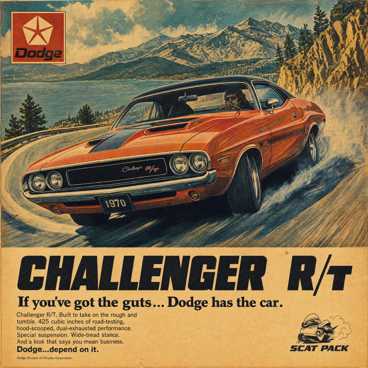 复古1970年代汽车杂志广告海报，品牌为[BRAND]，画面中是一辆[COLOR]色[CAR]在[SCENERY]中漂移，低角度前部三分之二视…, 图片 2