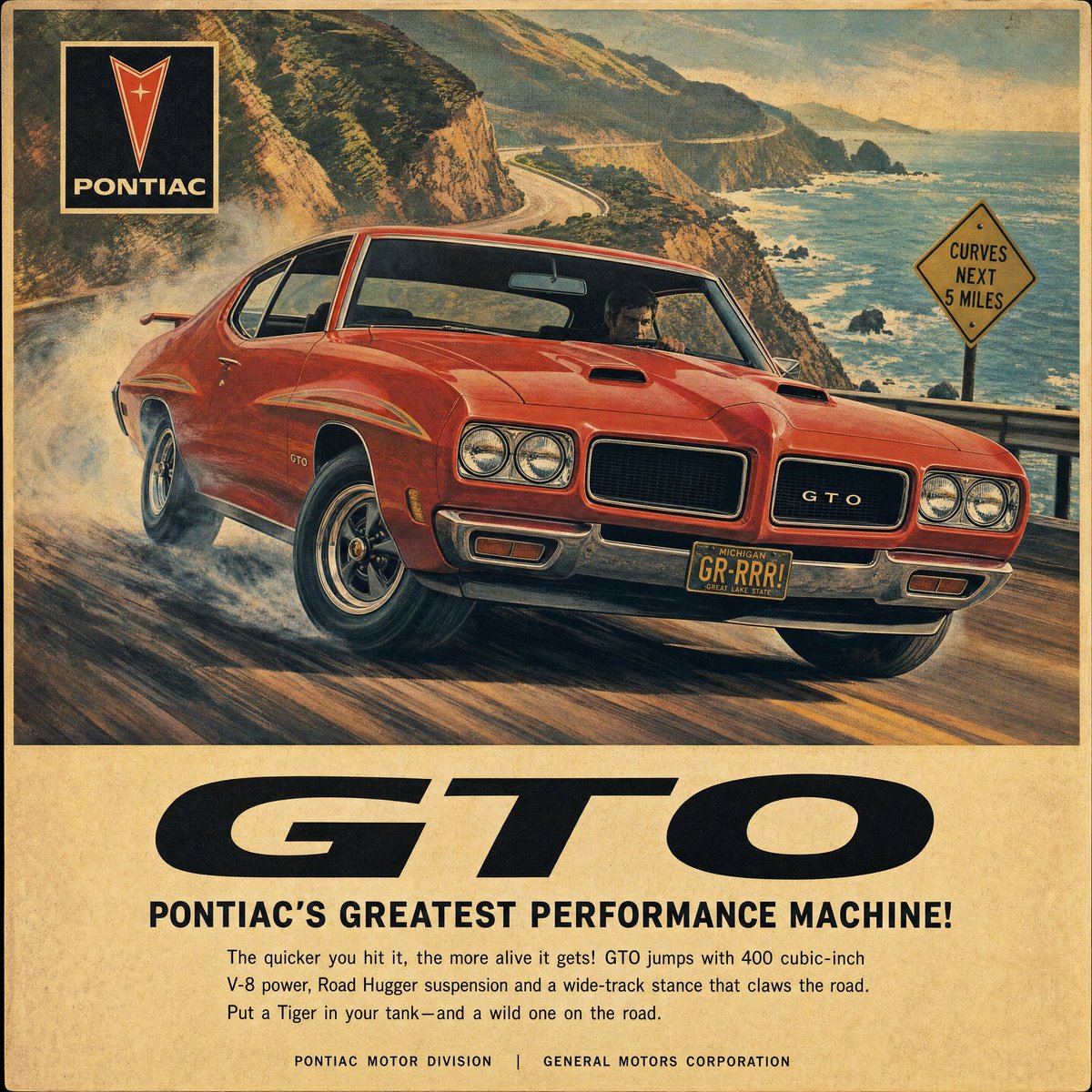 复古1970年代汽车杂志广告海报，品牌为[BRAND]，画面中是一辆[COLOR]色[CAR]在[SCENERY]中漂移，低角度前部三分之二视…, 图片 3