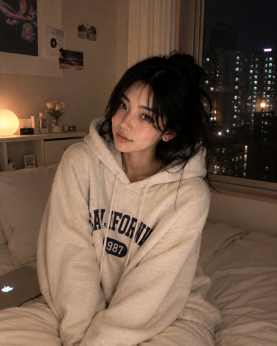 超写实风格的舒适深夜卧室人像,一位美丽的韩国女性慵懒地躺在她的床上,随意地面对镜头,神情平静而带着睡意。头发松散地扎成一个凌乱的发髻,柔软松散…, 图片 1
