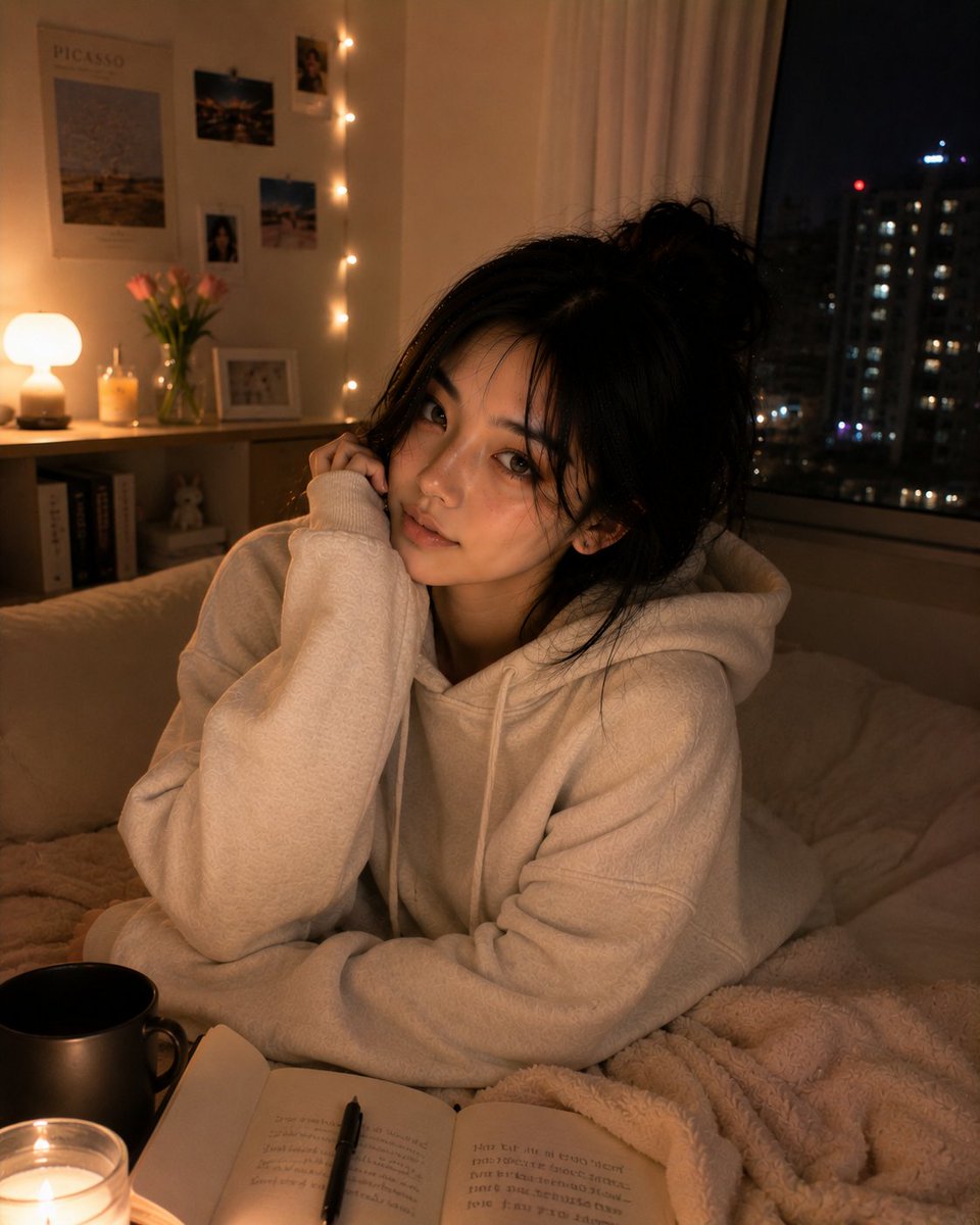 超写实风格的舒适深夜卧室人像,一位美丽的韩国女性慵懒地躺在她的床上,随意地面对镜头,神情平静而带着睡意。头发松散地扎成一个凌乱的发髻,柔软松散…, 图片 2