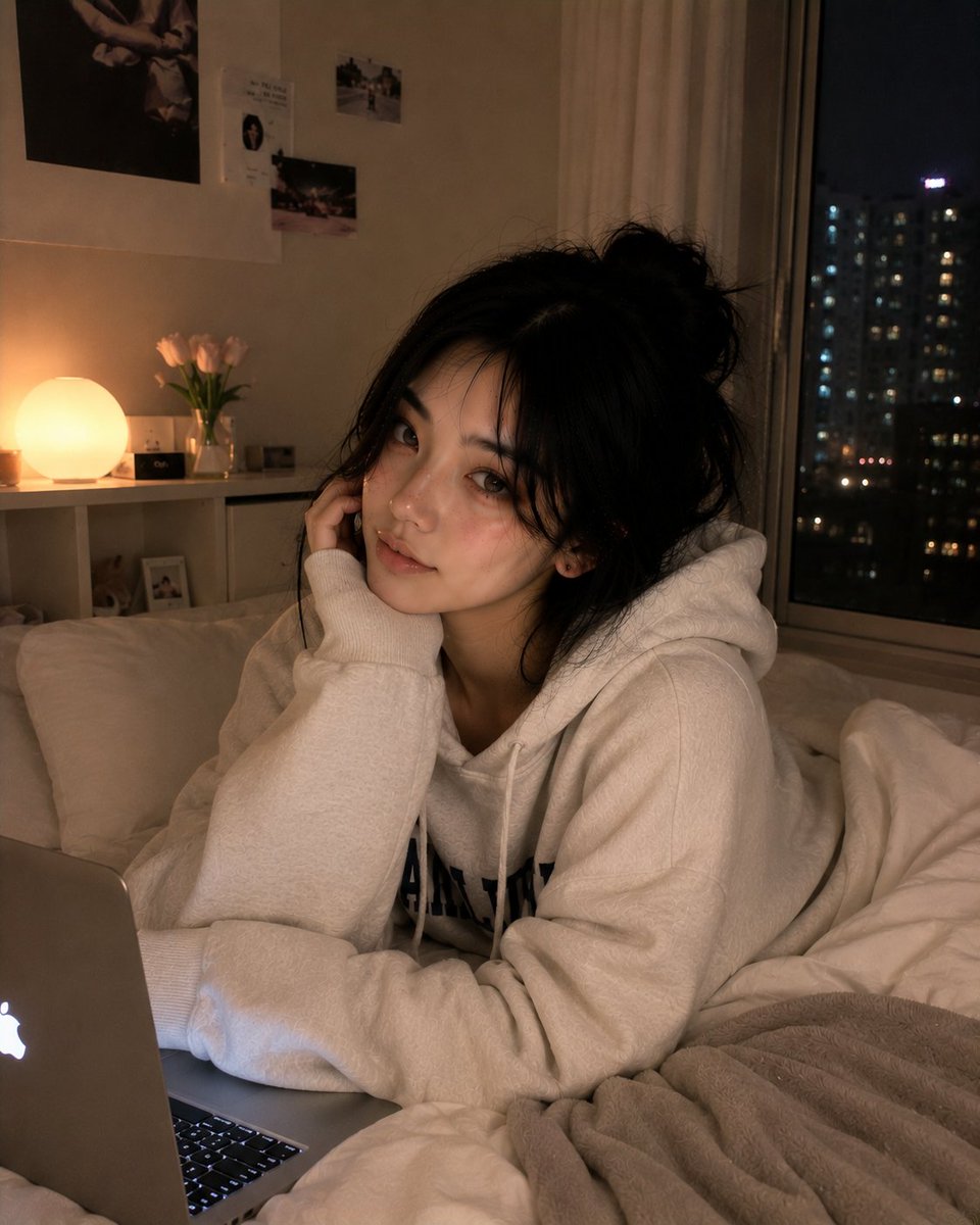 超写实风格的舒适深夜卧室人像,一位美丽的韩国女性慵懒地躺在她的床上,随意地面对镜头,神情平静而带着睡意。头发松散地扎成一个凌乱的发髻,柔软松散…, 图片 3
