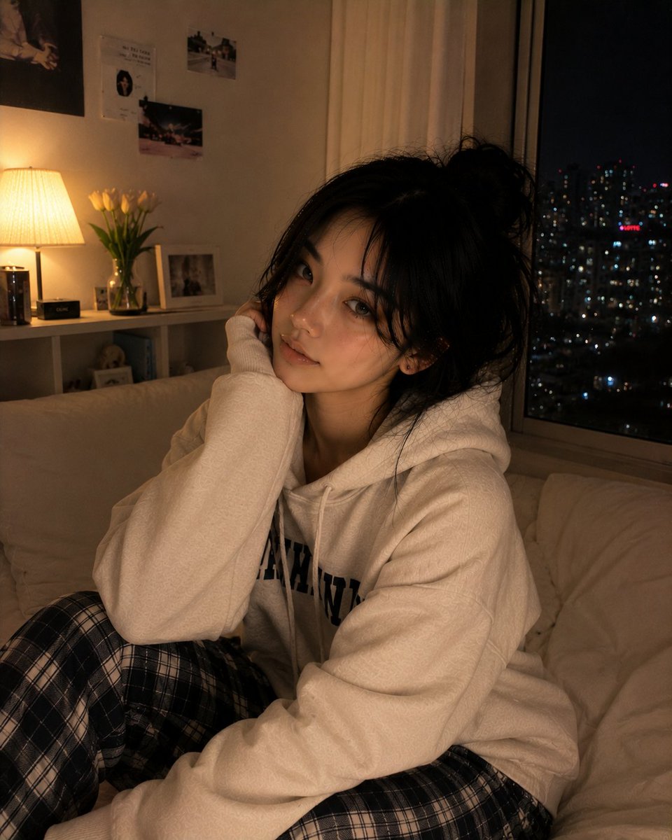 超写实风格的舒适深夜卧室人像,一位美丽的韩国女性慵懒地躺在她的床上,随意地面对镜头,神情平静而带着睡意。头发松散地扎成一个凌乱的发髻,柔软松散…, 图片 4