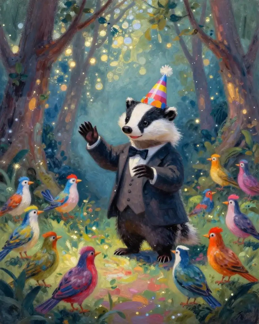 獾在闪烁斑驳的暮光树林中指挥一场活泼的鸟类乐团,印象派风格,光线流动效果。https://t.co/DfBjiEQiEr, 图片 1