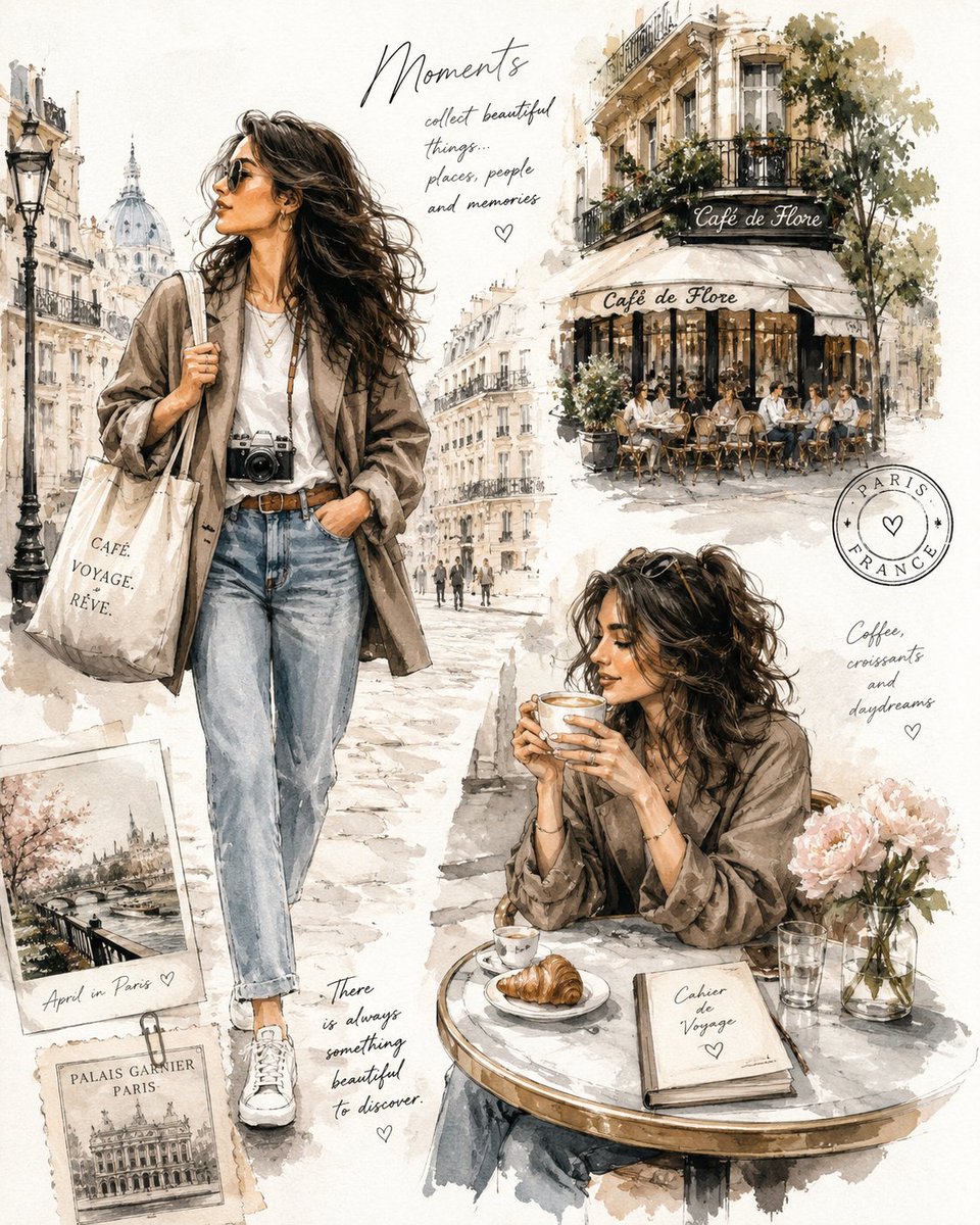 一幅优雅的水彩时装插画，描绘一位时尚的年轻女性探索风景如画的欧洲城市与温馨咖啡馆，柔和的手绘水彩质感，富有表现力的钢笔素描轮廓，长长的波浪状深…, 图片 1