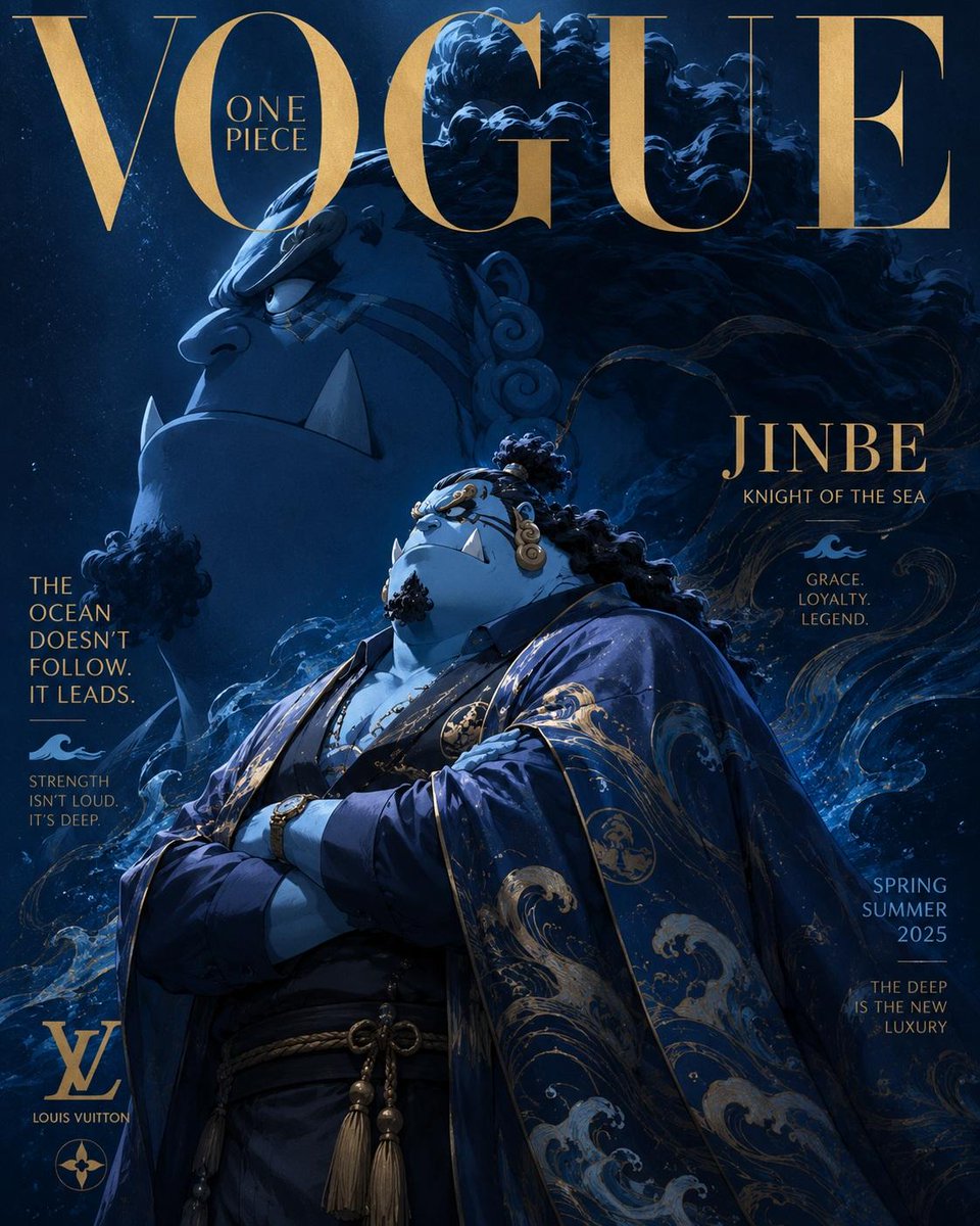 奢华动漫时尚杂志封面,灵感源自《Vogue》与高级定制时装大片,《海贼王》角色重塑为精英时尚偶像,戏剧化的电影级构图,超精细动漫插画,高端杂志…, 图片 1
