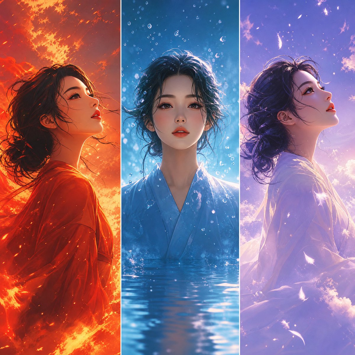 创作一幅 9:16 纵向三联画作品,画面中为同一位女性角色置身于三个不同的元素世界,每个分镜采用不同的色彩主题与姿态变化。, 图片 1