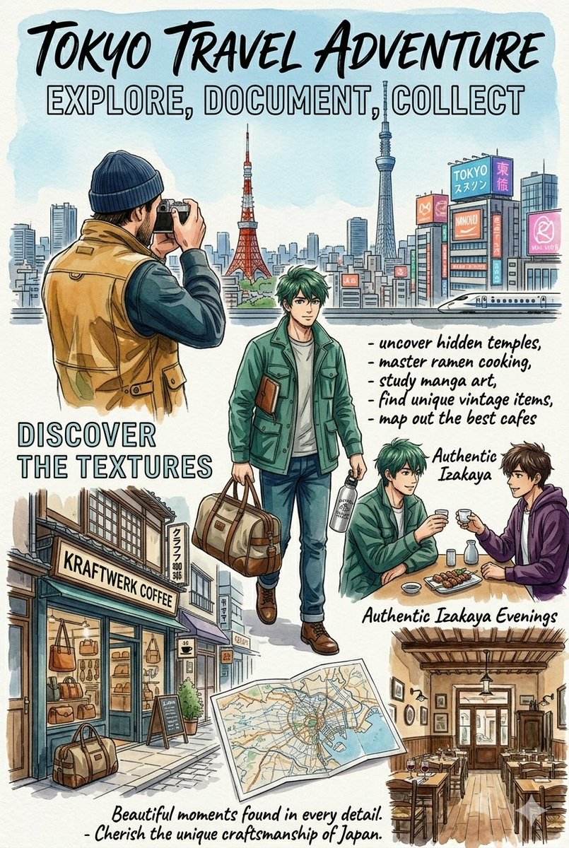 一幅艺术性的、纵向的旅行手账风格拼贴插画，画面中是一位英俊的年轻人，他有着浓密蓬松的棕色卷发和淡淡的胡茬。整幅作品以细致的水彩晕染与精细的钢笔…, 图片 1