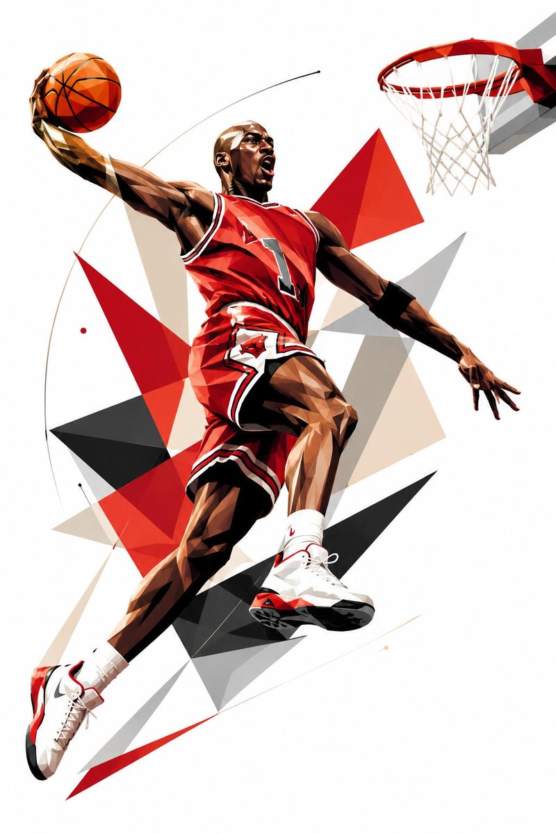 创作一幅风格化的几何立体主义体育海报,以迈克尔·乔丹(Michael Jordan)为主角,采用一个标志性的篮球姿势,灵感源自传奇的 NBA …, 图片 1