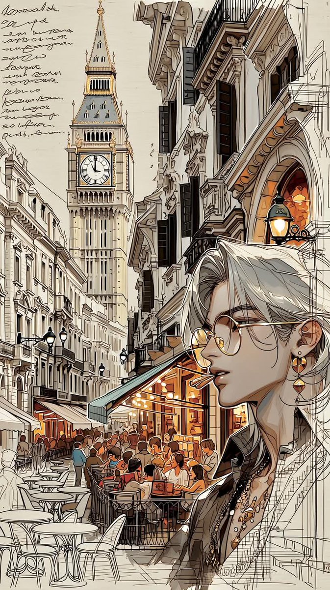 优雅的动漫旅行插画,精致的银发动漫男性,佩戴金色圆框眼镜与奢华珠宝,带有链条的精致耳饰,柔和而锐利的面部特征,平静自信的表情,伫立于受伦敦与巴…, 图片 3