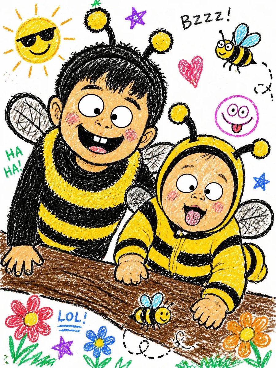 蜡笔画风格的人像插画:两个孩子穿着大黄蜂服装,靠在一道木栏上大笑。年纪稍大的孩子深色头发,戴着蜜蜂触角,背着黑白黄条纹翅膀;年幼的幼儿穿着完整…, 图片 1