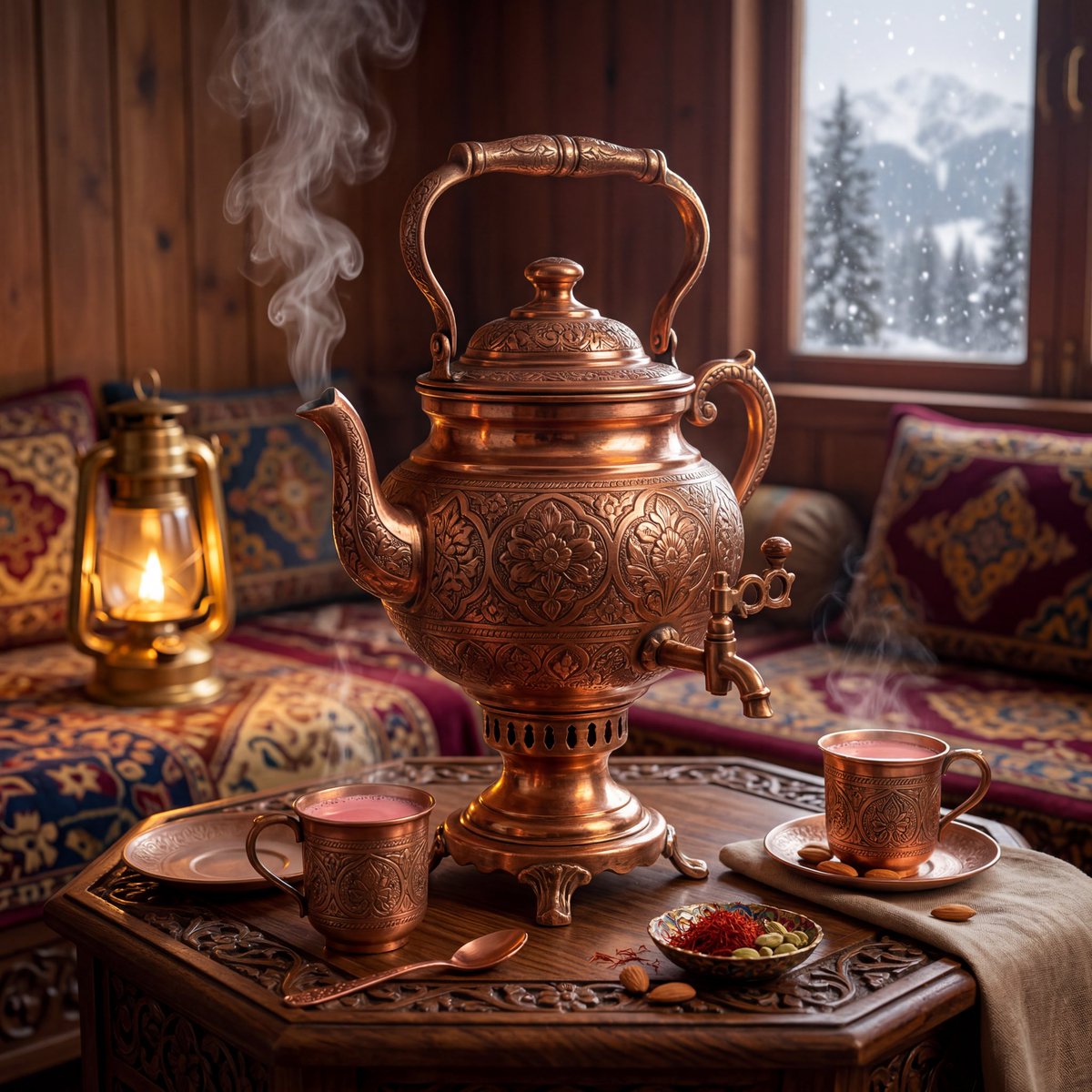 超精细奢华产品摄影,典雅的克什米尔传统samawar(萨马瓦尔茶炊),手工雕刻的铜质壶身带有精致的花卉雕刻,丰富温暖的金属反光,正宗的克什米尔…, 图片 1