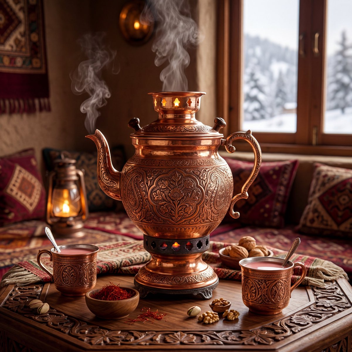 超精细奢华产品摄影,典雅的克什米尔传统samawar(萨马瓦尔茶炊),手工雕刻的铜质壶身带有精致的花卉雕刻,丰富温暖的金属反光,正宗的克什米尔…, 图片 2
