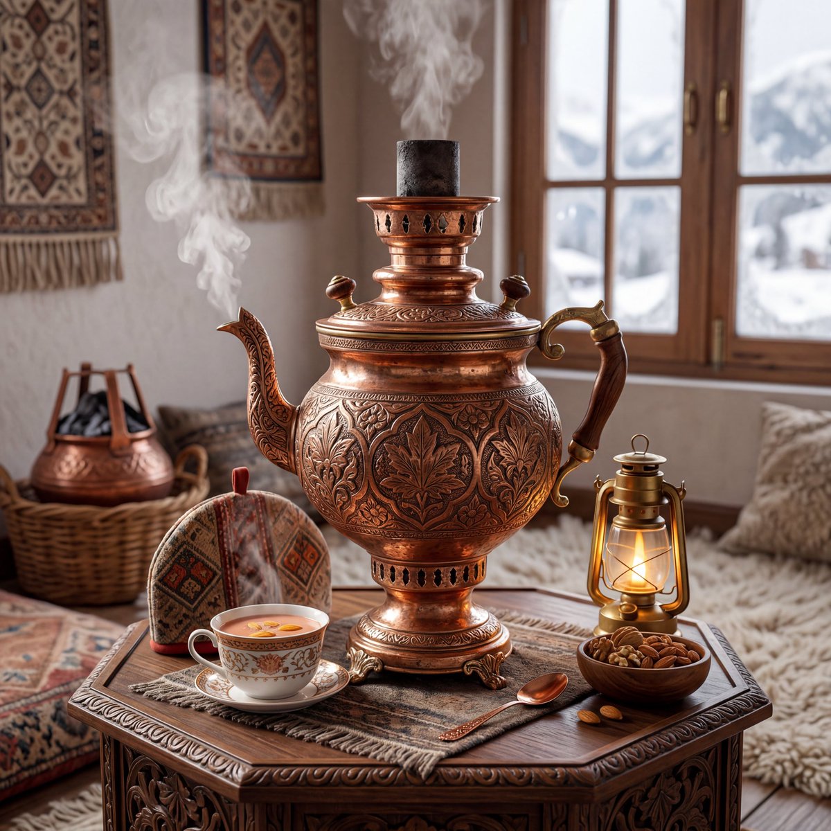 超精细奢华产品摄影,典雅的克什米尔传统samawar(萨马瓦尔茶炊),手工雕刻的铜质壶身带有精致的花卉雕刻,丰富温暖的金属反光,正宗的克什米尔…, 图片 4
