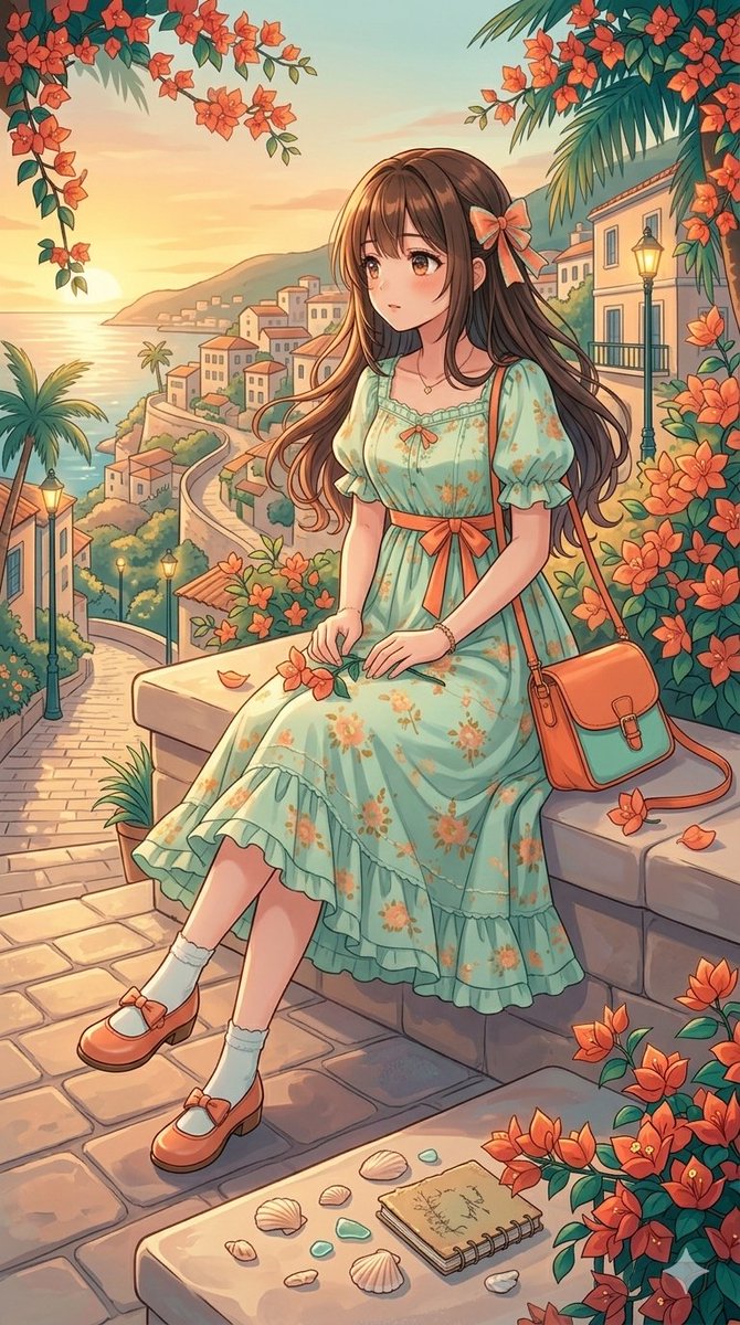 一幅美丽的动漫风格插画，描绘一位年轻女子，留着棕色长发，身穿淡绿色花卉图案的太阳裙，配以橙色装饰和同款发带。她正在日落时分探索风景如画的地中海…, 图片 2