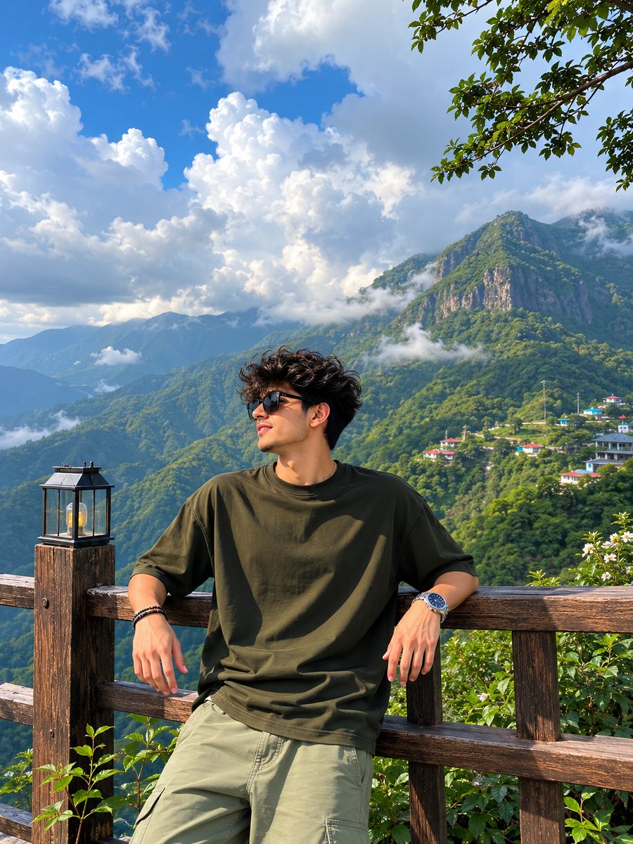 电影感十足的旅行摄影人像:一位年轻女性站在木制山间观景台上,俯瞰苍翠欲滴的翡翠色山谷与壮丽的尖峰山脉,天空令人叹为观止。画面在黄金时段拍摄,强…, 图片 1