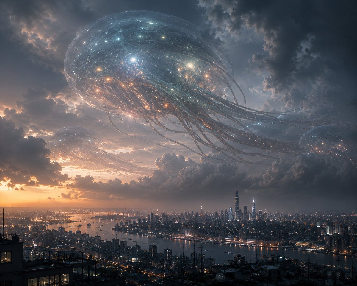 庞大的半透明宇宙巨兽在黄昏时分静静漂浮在广阔现代城市上空,大气云层密布的天空,巨大的水母般天体生物,内部神经光网发着光,飘动着丝状结构,柔和的…, 图片 1