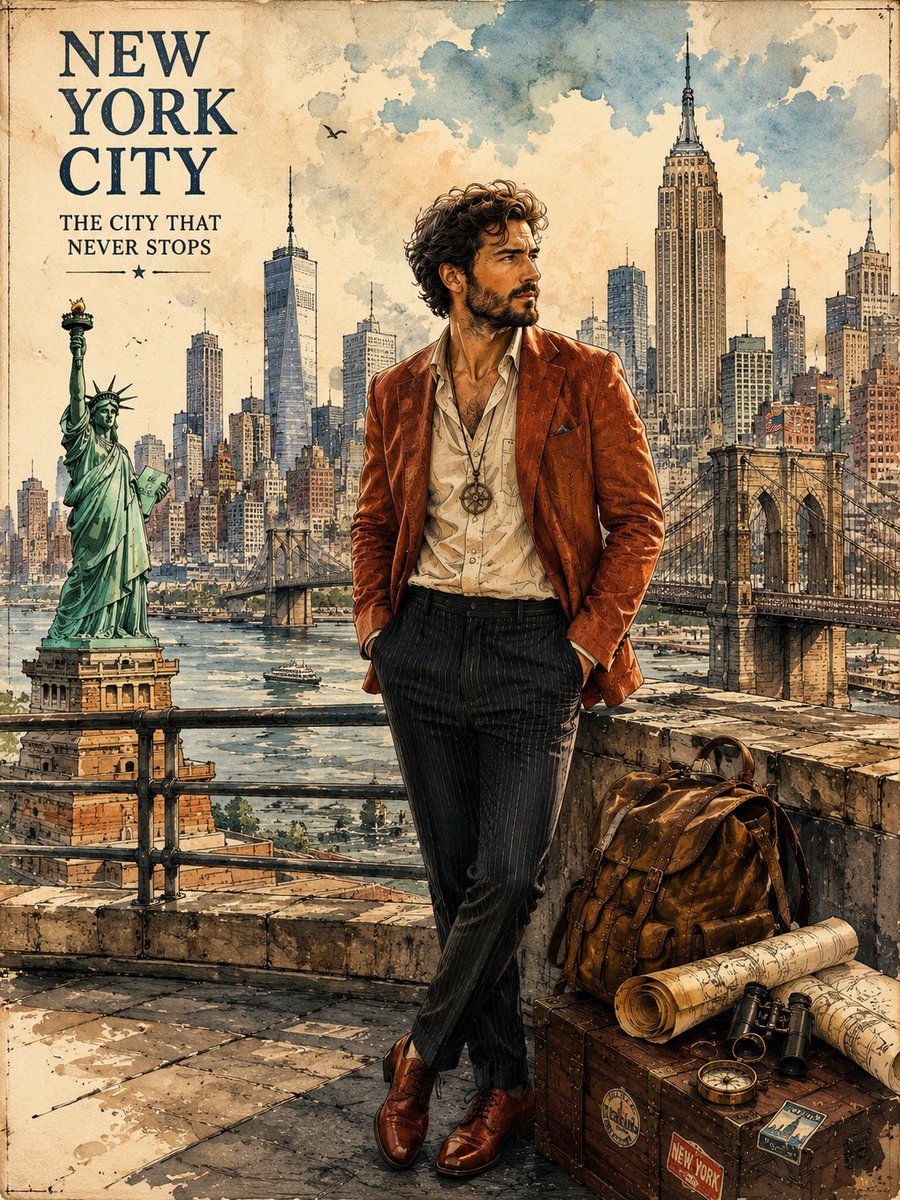 一幅精美的复古水彩纽约市（New York City, USA）旅行海报插画，采用优雅的手工钢笔水彩漫画风格绘制，具有电影般的景深与丰富的质感…, 图片 2