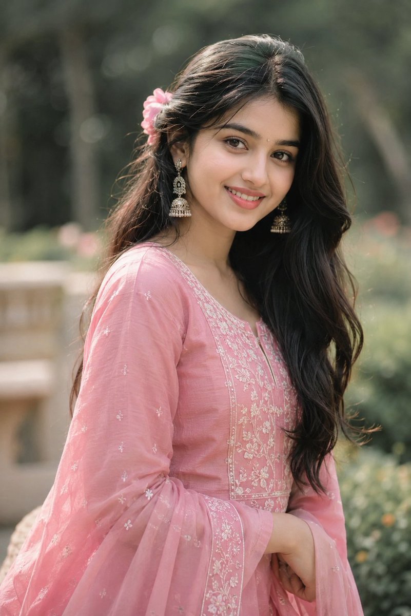 超写实电影感南亚女孩美学人像海报,美丽年轻的印度女孩,拥有一头柔顺飘逸的长黑发,肌肤白皙透亮,棕色双眸灵动传神,自然甜美的可爱笑容,身着精致的…, 图片 1
