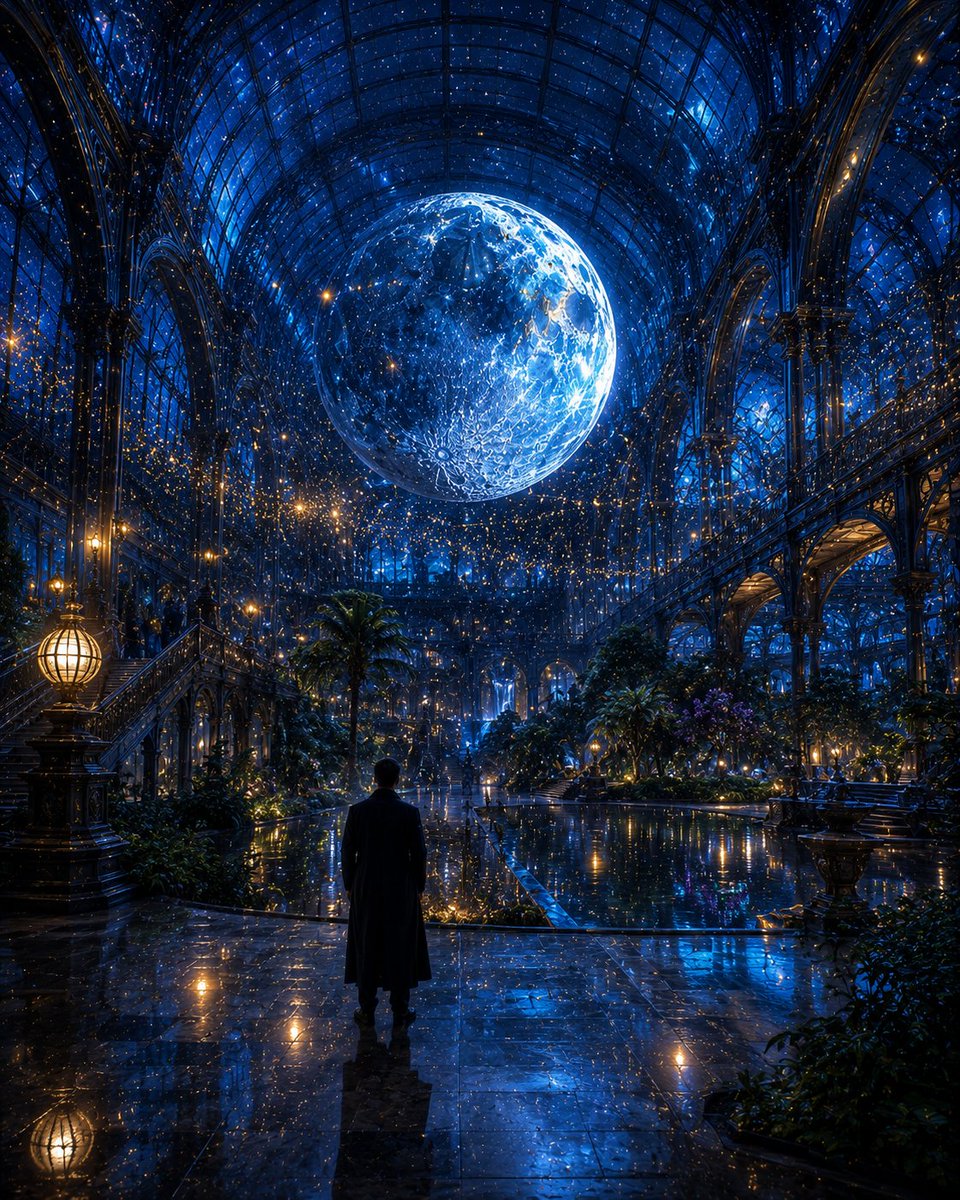 巨大的天体温室,深午夜蓝色光芒照亮,广阔的玻璃与铁结构温室建筑,内部满是郁郁葱葱的植物园与波光粼粼的池塘,巨大发光的月状球体悬吊在教堂规模的玻…, 图片 1