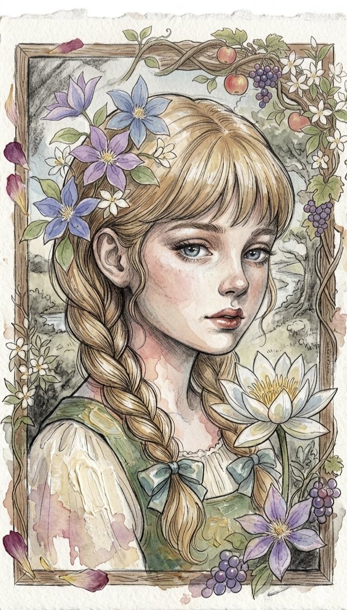 一幅优美的水彩水墨插画,描绘了一个年轻女孩:她有着清澈的蓝眼睛、柔和红润的脸颊,浅棕色或金色头发编成两条长辫子,用蓝色小蝴蝶结系着。她的头发里…, 图片 1