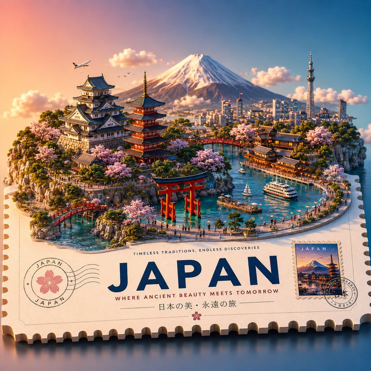创建一个高端风格化的3D等距旅游海报，以[地点名称]为设计主题，呈现为一个漂浮的迷你世界，放置在一个带有齿孔边缘的大型票券、明信片或邮票平台之…, 图片 2