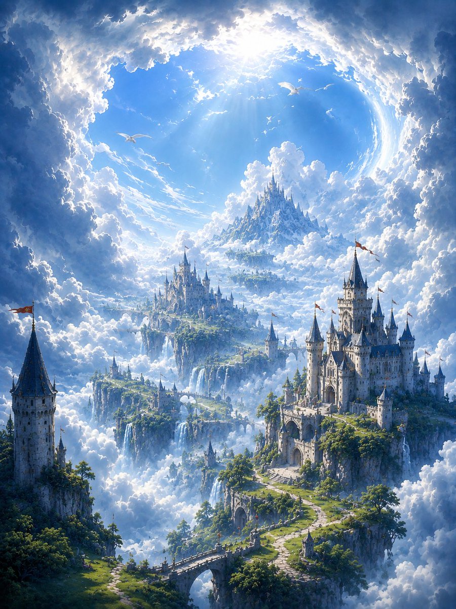 史诗级竖版奇幻壁纸,云层中巨大而明亮的裂隙,蔚蓝晴空,戏剧性的阳光光束,广阔的空中景观,云海之上漂浮的悬崖上点缀着几座宏伟的英式中世纪城堡,孤…, 图片 1