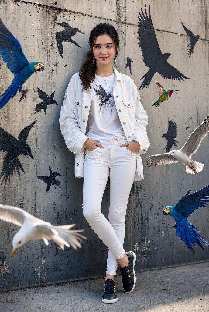 一幅时尚电影感人像肖像：一位自信的年轻女子随意倚靠在一面有质感的城市混凝土墙上，周围环绕着色彩鲜艳的飞翔鸟类，包括蓝色金刚鹦鹉、白色海鸥和一只…, 图片 1