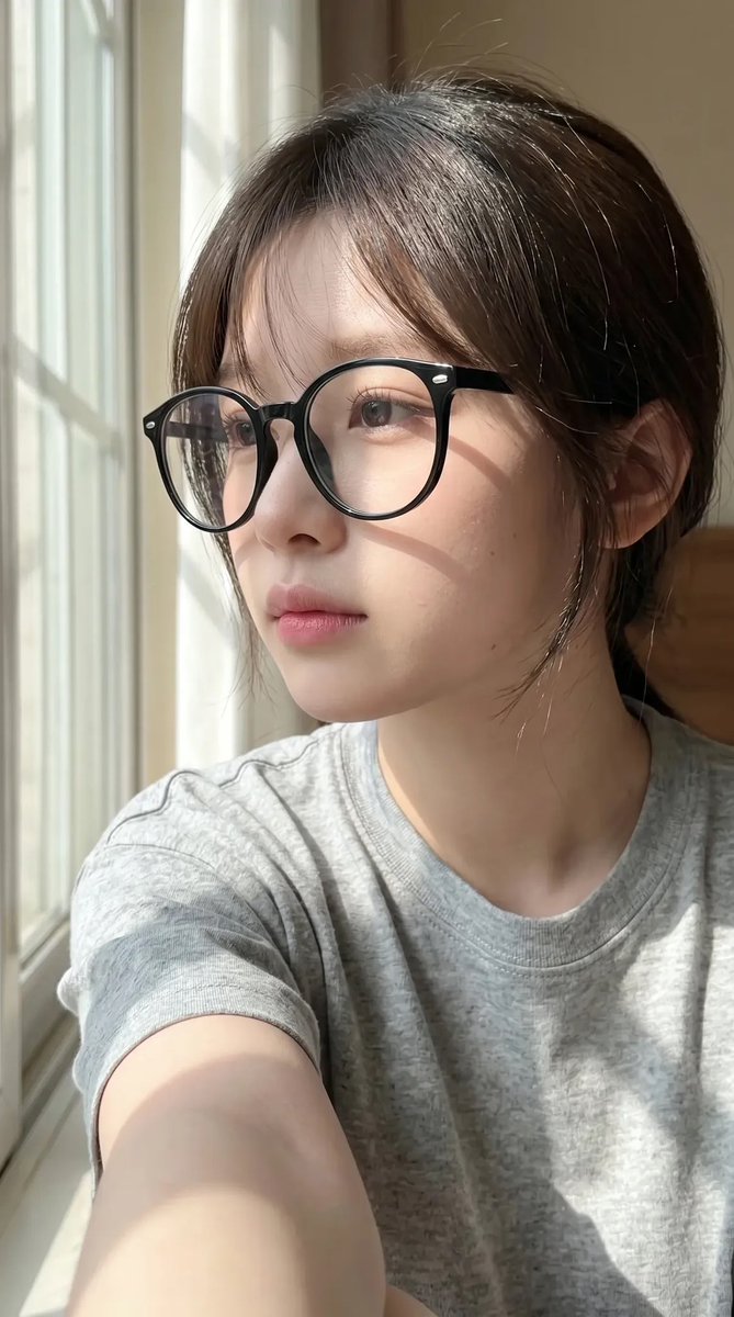 超写实抓拍式智能手机自拍照肖像：一位年轻东亚女性室内坐在一扇大窗户旁，处于明亮的自然日光下。保持与上传的面部参考高度相似的面部特征：柔和的椭圆…, 图片 3