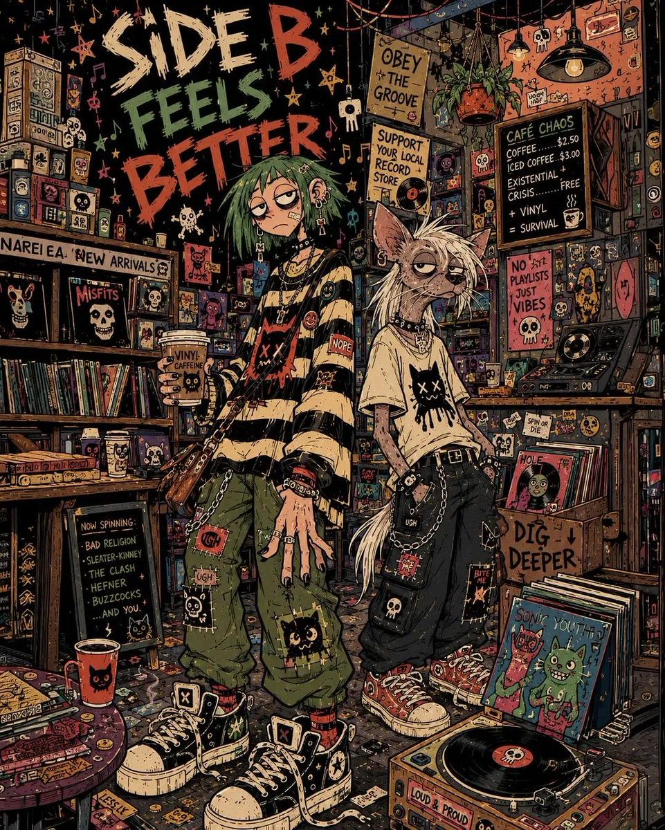混乱的独立漫画风格插画，[HUMAN]（人类）与[ANTHROPOMORPHIC ANIMAL]（拟人化动物）身处[BACKGROUND SC…, 图片 4
