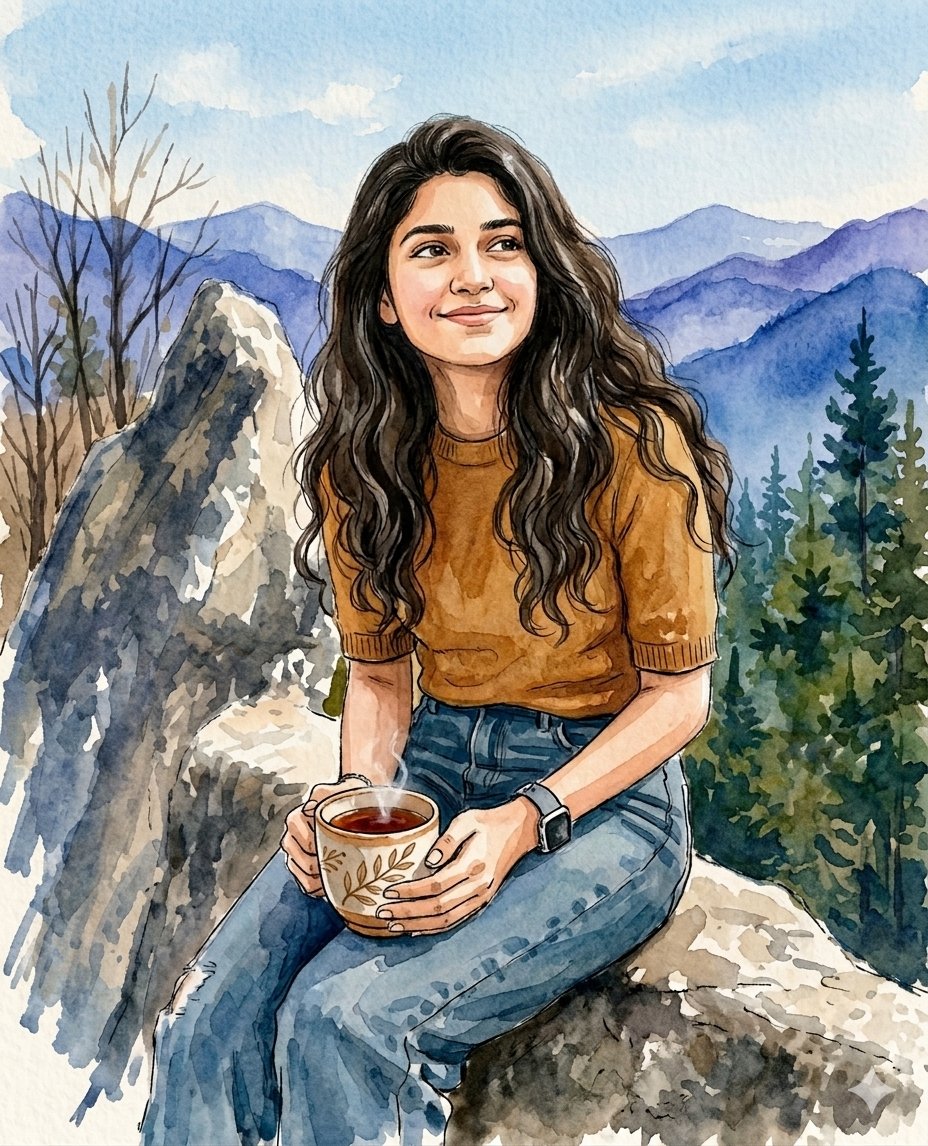 一幅美丽的水彩画,画中是一位年轻的女子,她有一头长长的、波浪状的深色头发,面带温暖的微笑,正在大自然中享受宁静的时刻。她穿着一件舒适的芥末黄色…, 图片 1