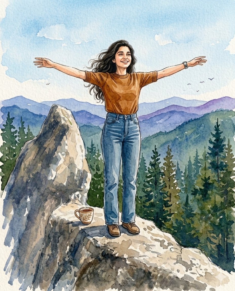 一幅美丽的水彩画,画中是一位年轻的女子,她有一头长长的、波浪状的深色头发,面带温暖的微笑,正在大自然中享受宁静的时刻。她穿着一件舒适的芥末黄色…, 图片 2
