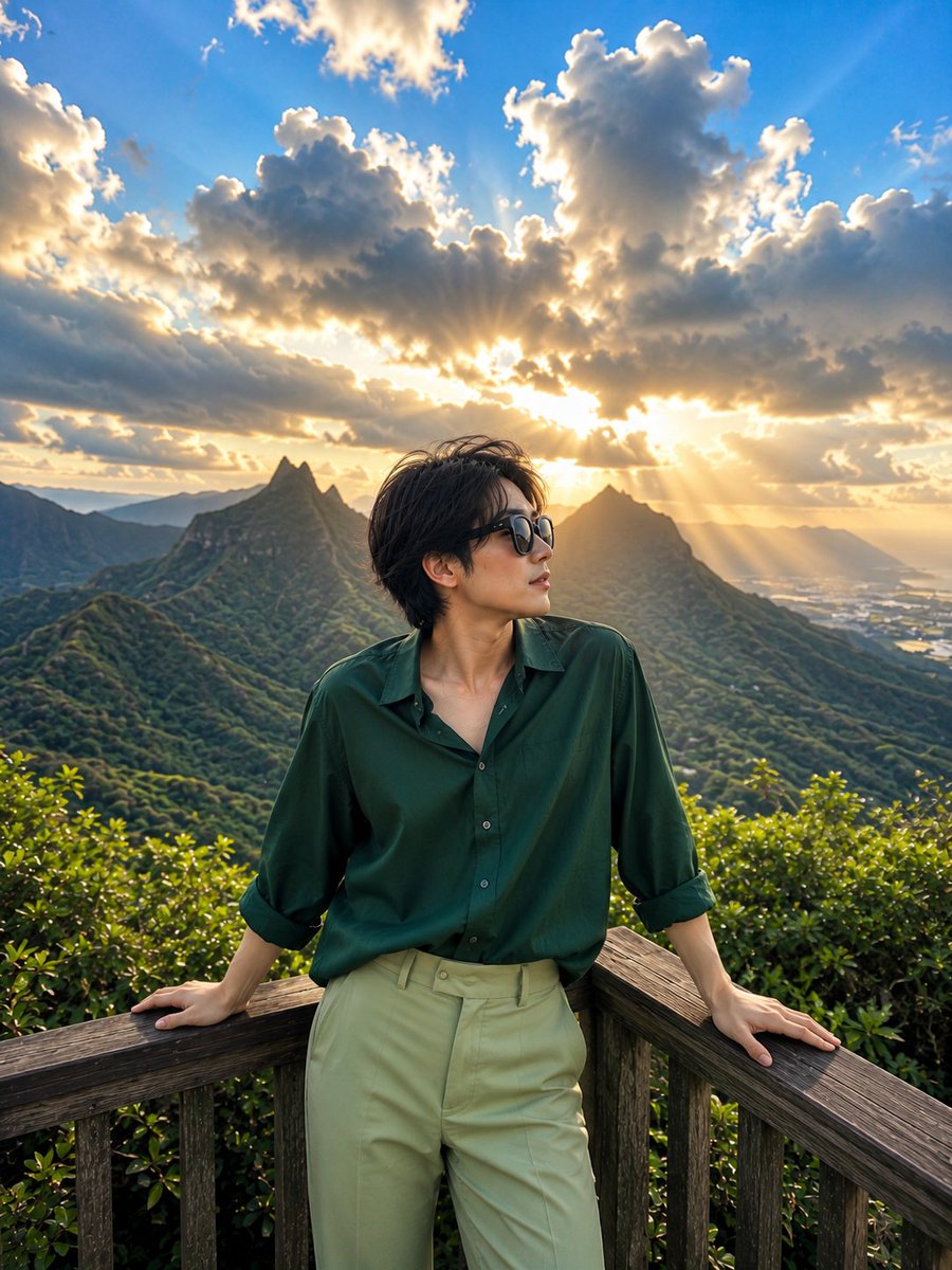 一部电影感的旅行摄影人像作品:一位魅力十足的日本女性伫立于山间木制观景台,俯瞰苍翠欲滴的翡翠山谷与壮丽的尖峰山脉,头顶是令人屏息的壮阔天空。画…, 图片 1