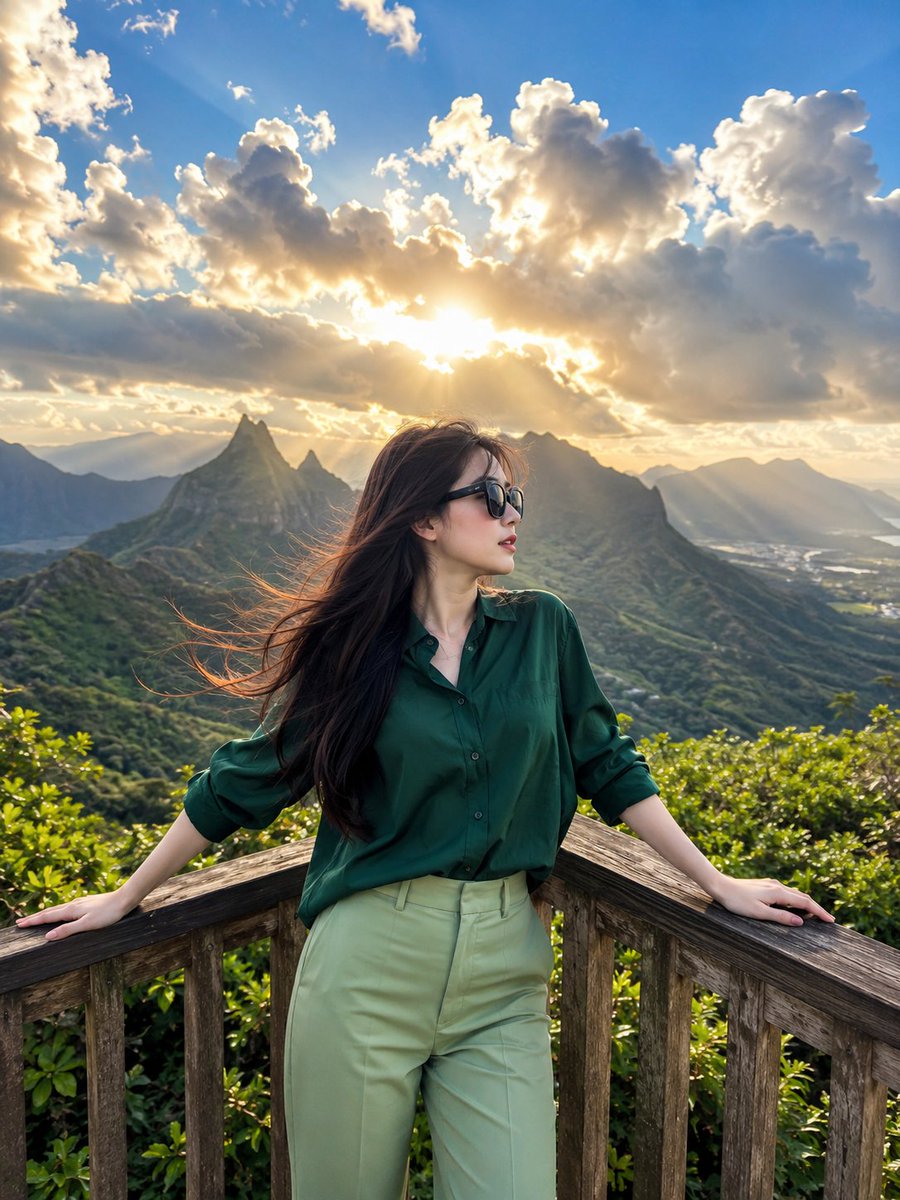 一部电影感的旅行摄影人像作品:一位魅力十足的日本女性伫立于山间木制观景台,俯瞰苍翠欲滴的翡翠山谷与壮丽的尖峰山脉,头顶是令人屏息的壮阔天空。画…, 图片 2