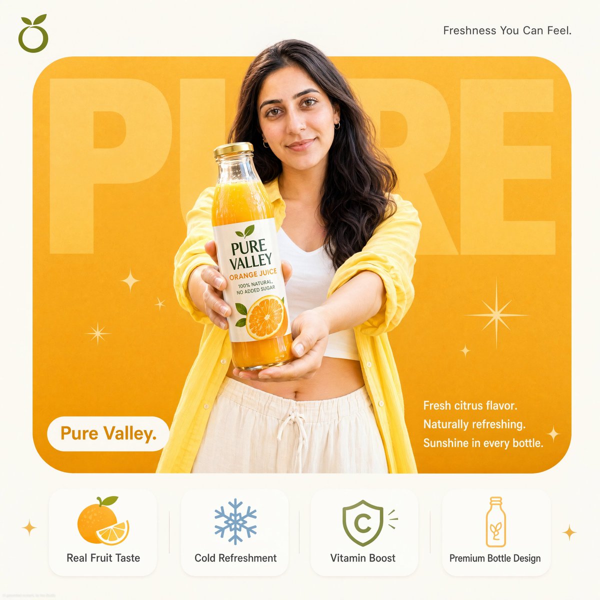 "Pure Valley 橙汁"的专业产品广告海报。一位面带微笑的年轻棕发波浪卷发女性，身穿黄色敞口衬衫搭配白色短款上衣和米白/奶油色阔腿裤，…, 图片 1