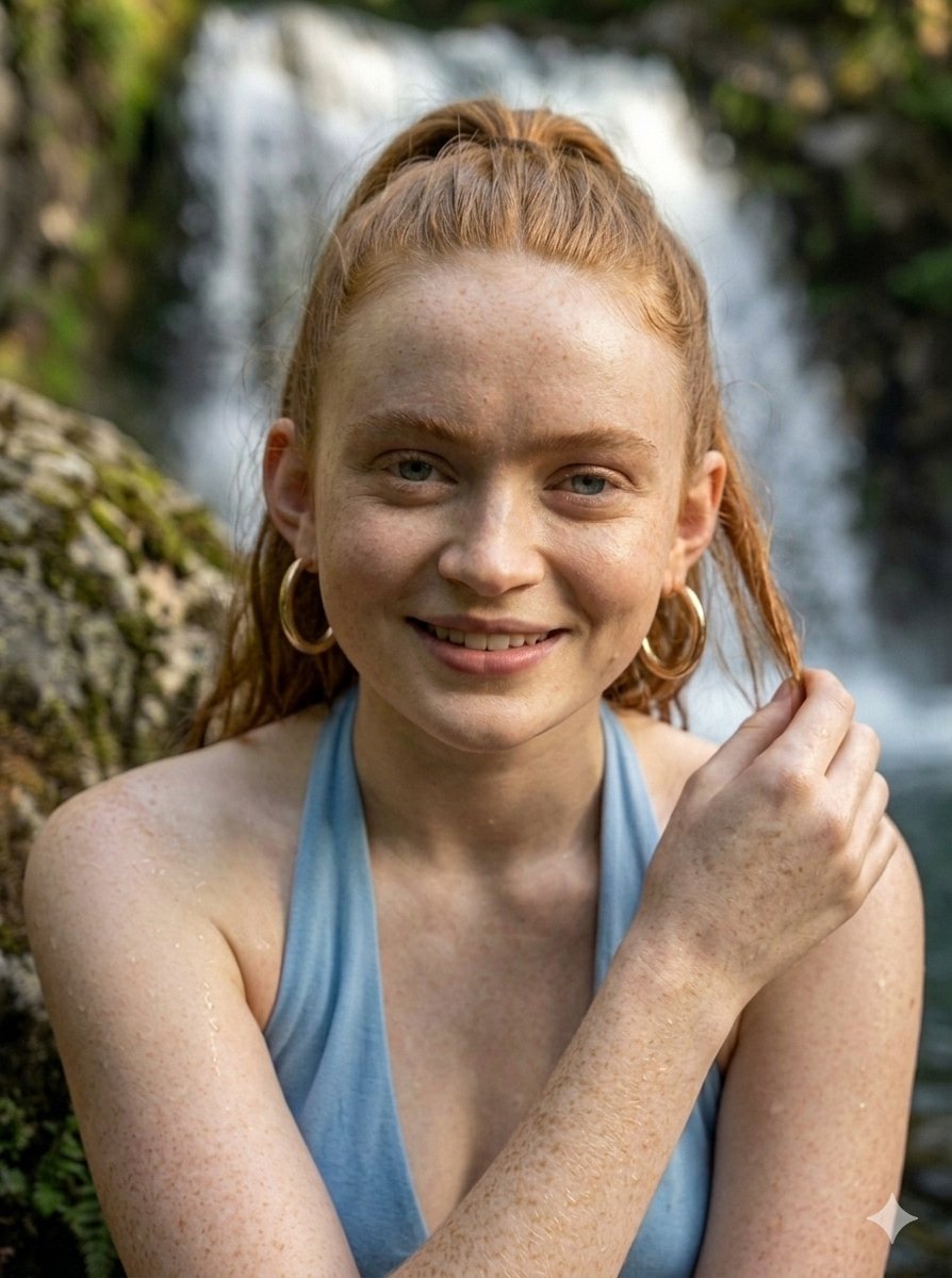 一幅引人入胜的肖像:一位年轻女子拥有如火般的铜色头发,束成光滑的马尾,优雅地倚靠在一块覆满苔藓的崎岖岩石上。她肌肤上点缀着的精致雀斑和细微的水…, 图片 2