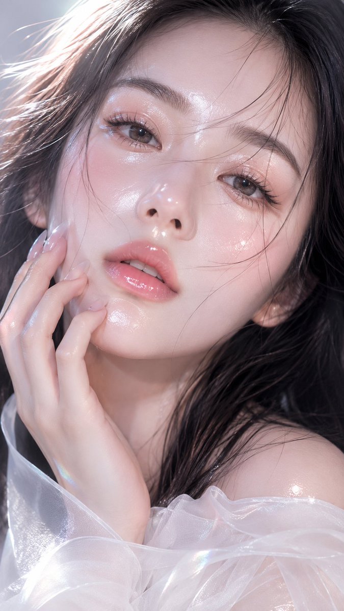编辑这张参考图片，不要改变脸部。竖版人像 9:16，8K 高清超近景美人像，呈现水晶晨露肌概念，皮肤看起来如透明水晶般带有晨露光泽。柔和光线轻…, 图片 1