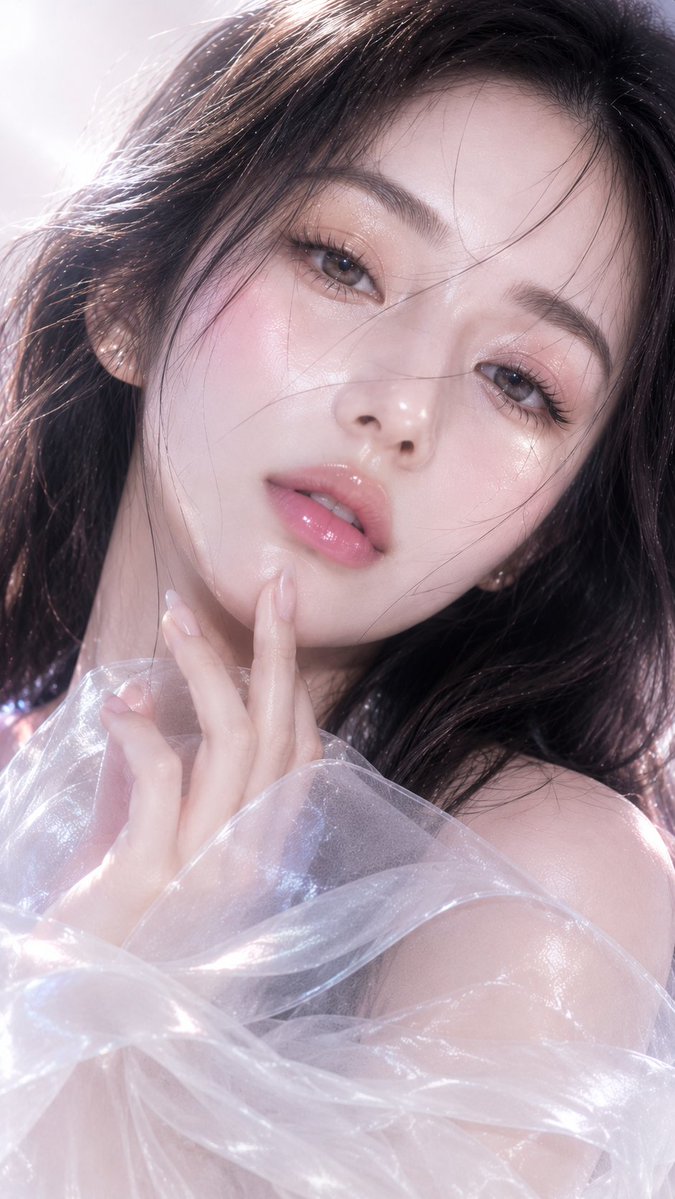 编辑这张参考图片，不要改变脸部。竖版人像 9:16，8K 高清超近景美人像，呈现水晶晨露肌概念，皮肤看起来如透明水晶般带有晨露光泽。柔和光线轻…, 图片 2