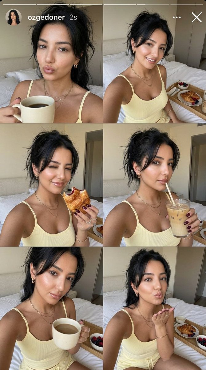 超写实的竖版Instagram故事风格3×2自拍拼贴,包含同一个美丽年轻女人的六个 candid 抓拍画面,每个画面都严格保持面部和身份一致性…, 图片 1