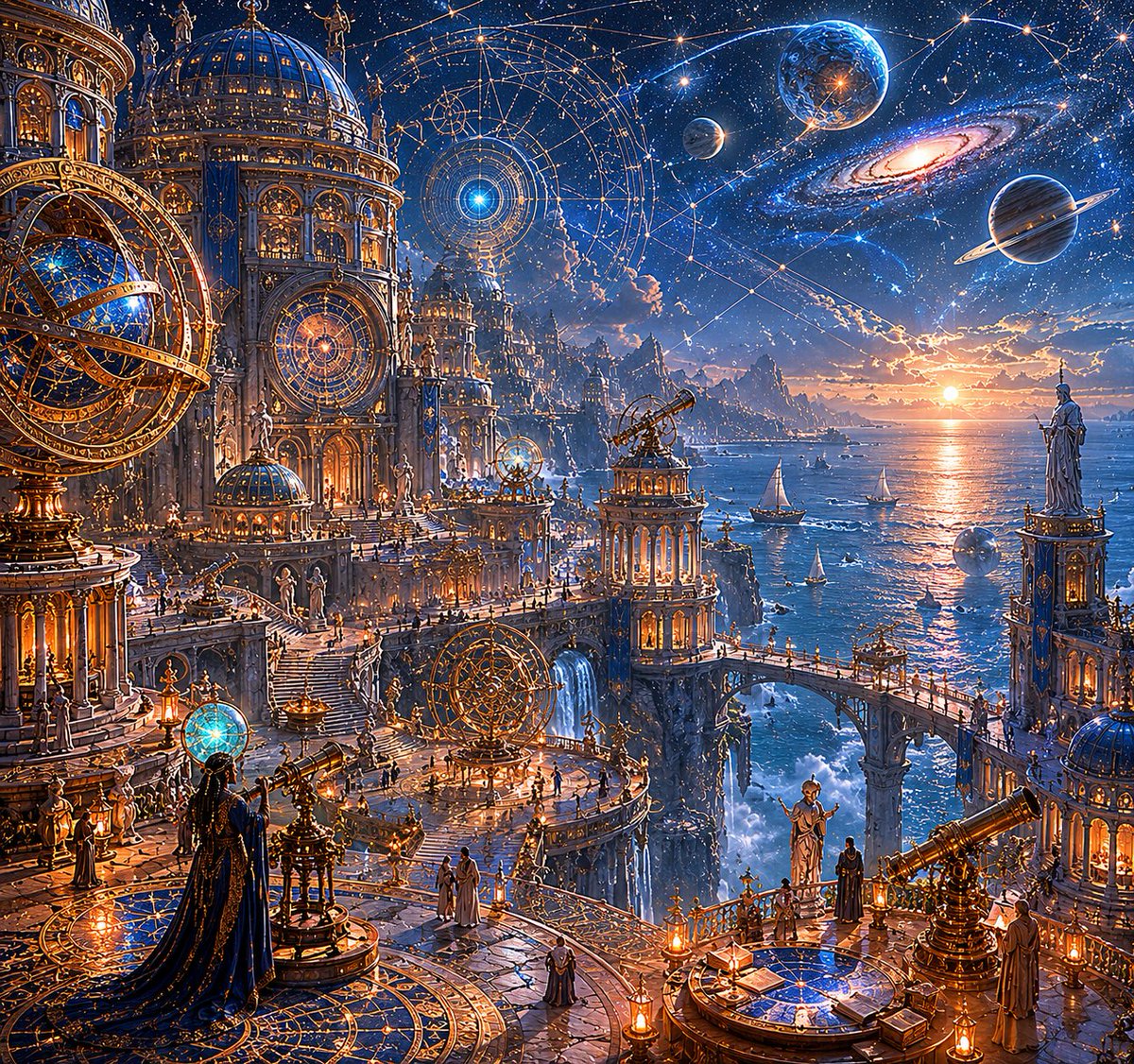 悬崖之上一座古老的观星都市,俯瞰着星罗密布的浩瀚宇宙苍穹之下那片广袤而熠熠生辉的海洋;宏伟的观象台与恢宏的古典建筑融为一体,巨型圆形图书馆与天…, 图片 1