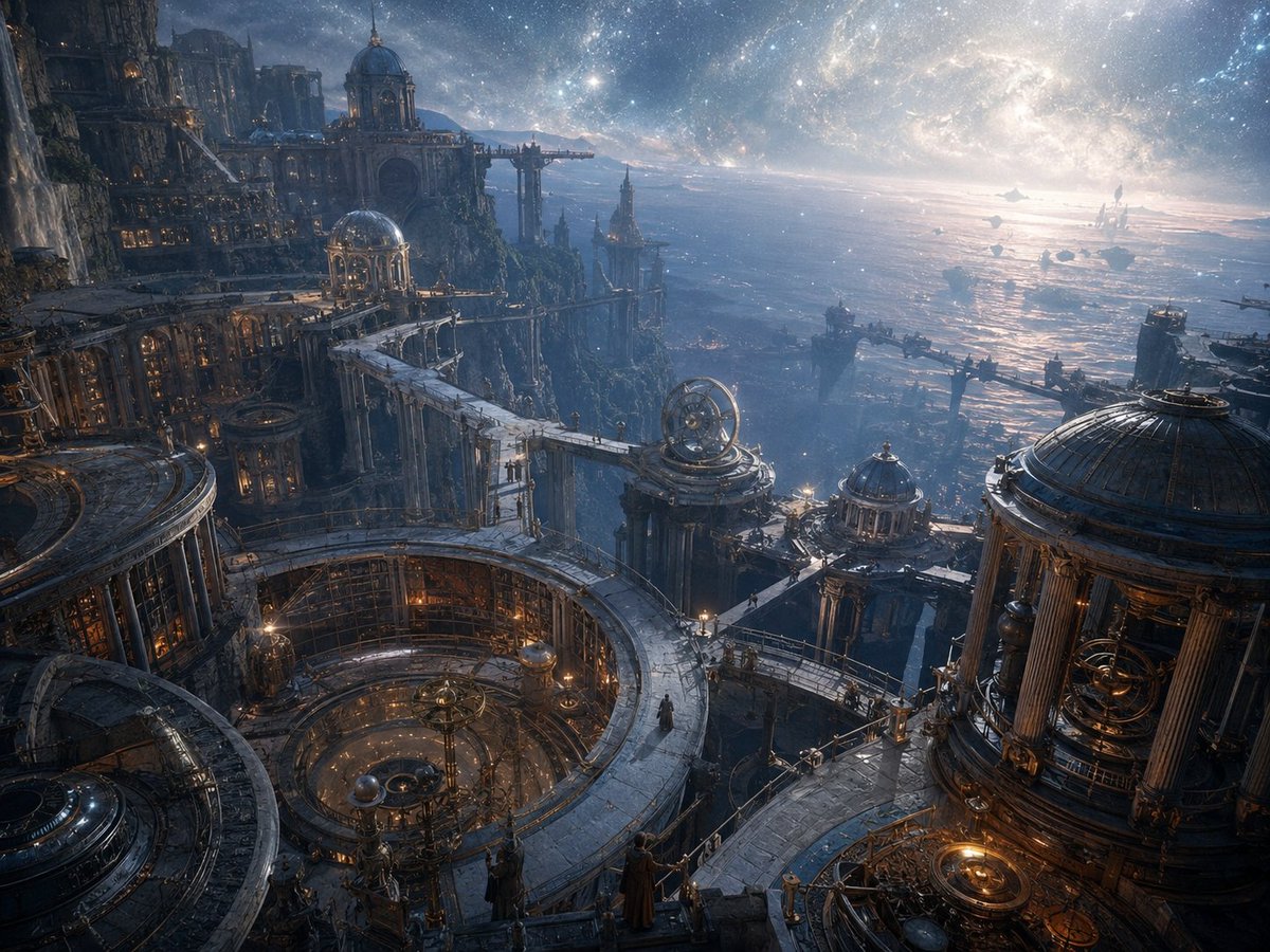 悬崖之上一座古老的观星都市,俯瞰着星罗密布的浩瀚宇宙苍穹之下那片广袤而熠熠生辉的海洋;宏伟的观象台与恢宏的古典建筑融为一体,巨型圆形图书馆与天…, 图片 2