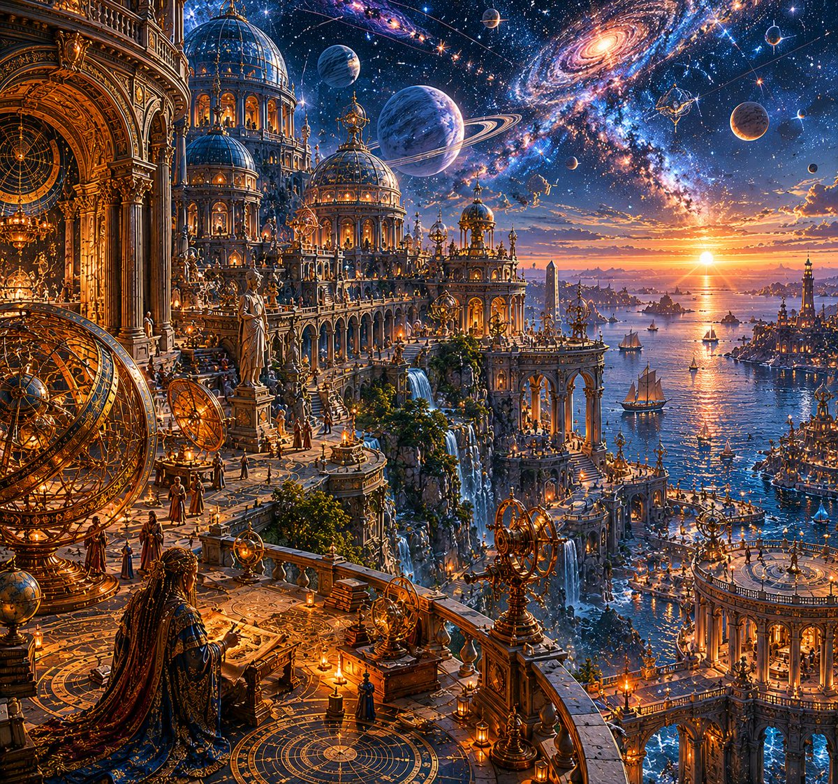 悬崖之上一座古老的观星都市,俯瞰着星罗密布的浩瀚宇宙苍穹之下那片广袤而熠熠生辉的海洋;宏伟的观象台与恢宏的古典建筑融为一体,巨型圆形图书馆与天…, 图片 3