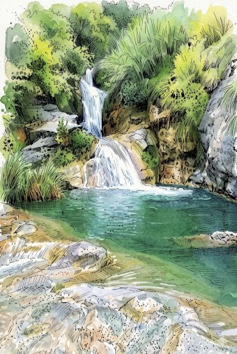 一幅宁静的水彩与水墨插画，描绘一处隐秘的热带绿洲，画面中一道多层瀑布从长满苔藓的崎岖岩崖倾泻而下，汇入一汪清澈静谧的湖水。瀑布之水从飞溅翻腾的…, 图片 1